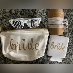 Bride wedding bachelorette items. coozie, make-up bag, bride glasses, hair ties